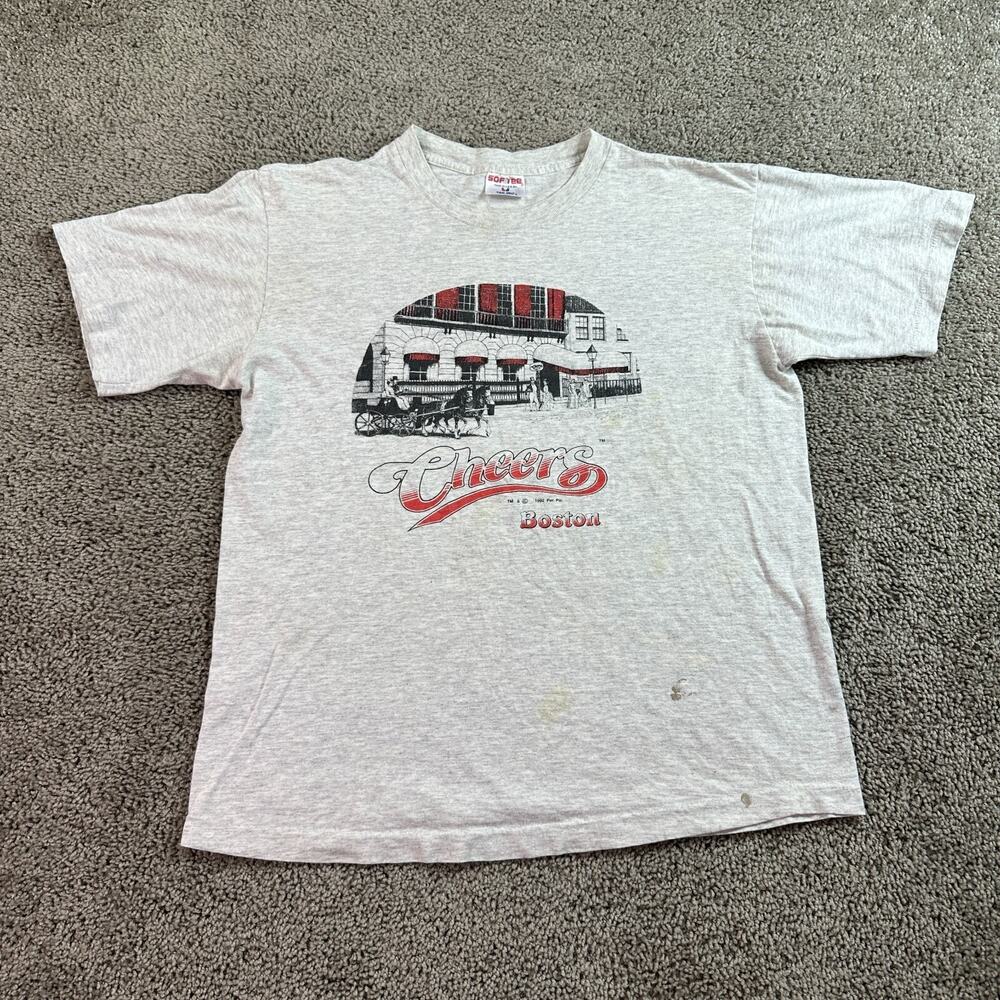 VINTAGE Cheers Shirt Mens L Gray Orange Boston Single Stitch 1992 90s FLAW